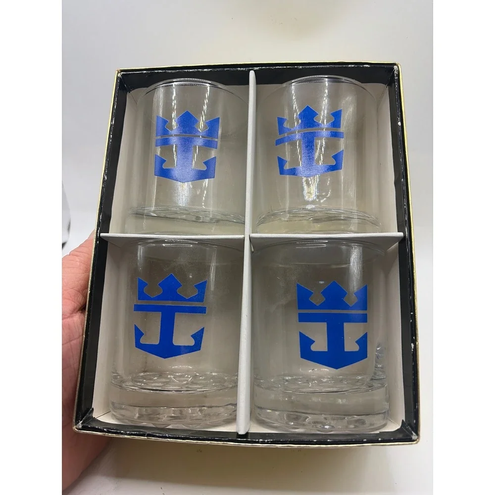 Royal Caribbean International Rocks Glasses Set of 4‎ Blue Crown Anchor 3.25